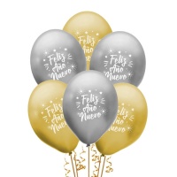 Feliz Ano Novo Balões de Látex Dourado e Prateado 30cm - Balões Palhaço - 25 unidades
