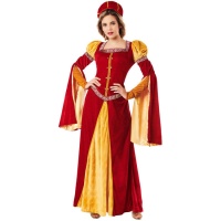 Fato de época medieval dourado e castanho para mulher
