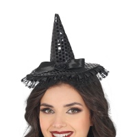 Chapéu de bruxa mini com lantejoulas e laço