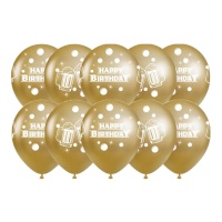 Balões dourados de Feliz Aniversário com cerveja 30 cm - 10 pcs.