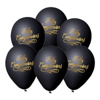 Balões de látex biodegradáveis pretos com uma frase de Feliz Aniversário em dourado 23 cm - 6 unidades
