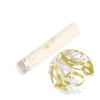 Canhão de confettis manual branco e dourado com 25 cm de comprimento e serpentinas longas brancas e douradas.