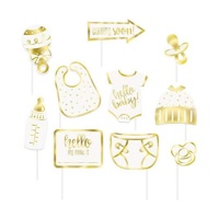Kit fotochamada para chá de bebé branco e dourado - 10 unid.