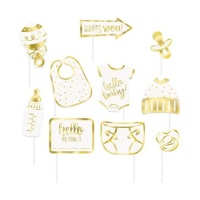 Kit para photo booth de Baby Shower branco e dourado - 10 unidades