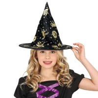 Chapéu de bruxa preto com estampa dourada para crianças - 38 cm