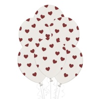 Balões de látex brancos com corações vermelhos 30 cm - PartyDeco - 50 unid.