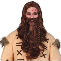 Cabeleira castanha com barba e tranças Viking