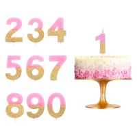 Vela de número rosa pastel com purpurina dourada 7 cm