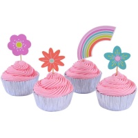 Forminhas para cupcakes com picks de arco-íris e flores - 24 unidades