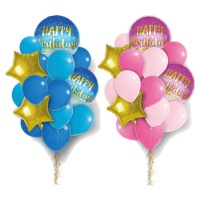 Balões Bouquet Happy Birthday com estrelas douradas - 16 unidades