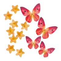 Mini wafers de flores e borboletas laranja e vermelhas - 13 unidades