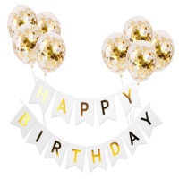 Kit balões Happy Birthday Gold White - Monkey Business - 9 unidades