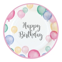 Pratos Happy Birthday rosa com balões de 23 cm - 8 unidades