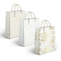 Saco de oferta de 23 x 18 x 10 cm com desenhos dourados variados - 1 unidade.