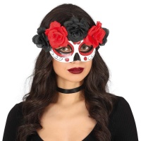Máscara Catrina com flores vermelhas e pretas