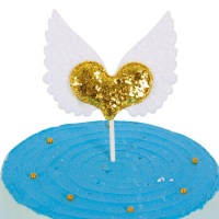 Topo de bolo dourado em forma de coração com asas