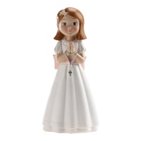 Figura para bolo de Minha Primeira Comunhão menina com rosário de 16 cm