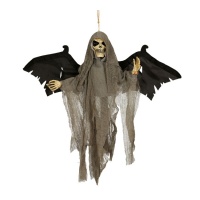 Caveira de esqueleto com asas, pendente com luz e som, 45 cm.