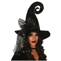 Chapéu de bruxa cinzento com pontos de polca