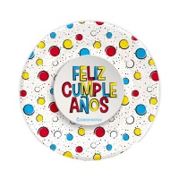 Pratos Happy Birthday com bolinhas coloridas 18 cm - 8 unid.