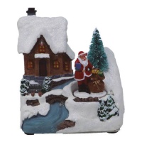 Pequena casa com o Pai Natal com música e luz 11 x 13 cm