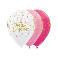 Balão de látex cetim branco, rosa e fúcsia Feliz Aniversário ouro com coroa 30 cm - Sempertex - 12 unidades