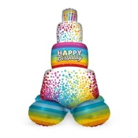 Balão bolo arco-íris Happy Birthday com base 72 cm - Folat