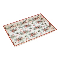 Bandeja de 45 x 31 de plástico com estampa natalina de flores e com alças