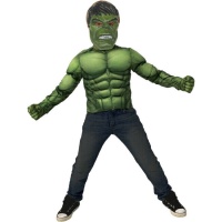 Fato de Hulk com t-shirt musculada, máscara e luvas para crianças.