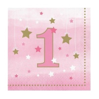 Guardanapos para o primeiro aniversário cor-de-rosa - 16,5 x 16,5 cm - 16 unid.