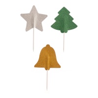 Picks de estrela, sino e árvore de Natal com 9 cm - Dekora - 100 unidades
