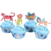 Cápsulas para cupcakes com palitos de animais safari - 24 unidades