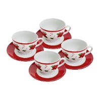 Xícaras de 220 ml de Natal com flor de poinsétia e prato - 4 unidades