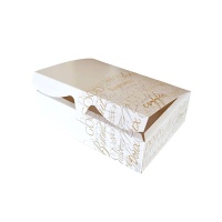 Caixa para bolachas de 18,2 x 13,5 x 5,4 cm com desenho de letras.