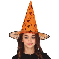 Chapéu de bruxa cor-de-laranja com estampado infantil