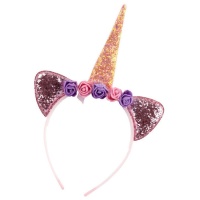 Bandolete de unicórnio cor-de-rosa com orelhas e flores