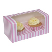 Caixa para 2 cupcakes às riscas rosa e branco de 18,5 x 9,5 x 9 cm - House of Marie - 2 unidades