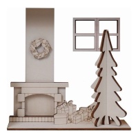 Figura de Natal em madeira com lareira, árvore e presentes 24 x 24 cm - Artis decor
