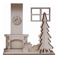 Figura de madeira de cena natalina com lareira, árvore e presentes 24 x 24 cm - Artis decor