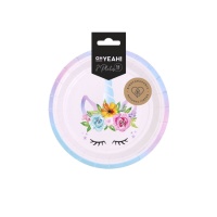 Pratos de Unicórnio com flores de 18 cm - 8 unidades