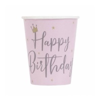 Copos de Happy Birthday cor-de-rosa com coroa de 270 ml - 8 unidades