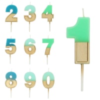 Vela bicolor com números em tons verde-azul e dourado de 5 cm