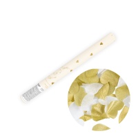 Canhão de confettis de mão com corações brancos e dourados de 35 cm.