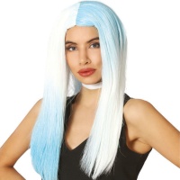 Peruca de cabelo comprido branca e azul