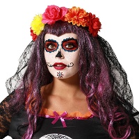 Diadema com flores multicolor e véu de Catrina