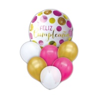 Bouquet Feliz Aniversário fúcsia e dourado - 7 peças