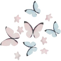 Hóstias de mini flores e borboletas azul e rosa pastel - 30 unidades