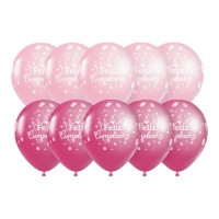Balões de Feliz Aniversário cor-de-rosa com coroa de flores 30 cm - 10 unid.