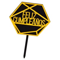 Topo de bolo hexagonal dourado com feliz aniversário