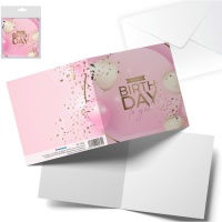 Cartão de Feliz Aniversário rosa e dourado